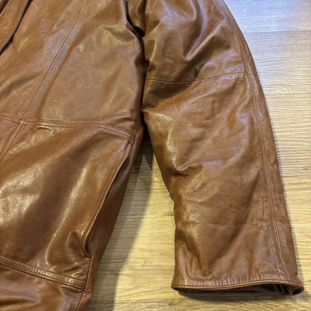 Vintage‎ Eddie Bauer Leather Goose Down Jacket Men's L Parka Coat Brown 80s 90s